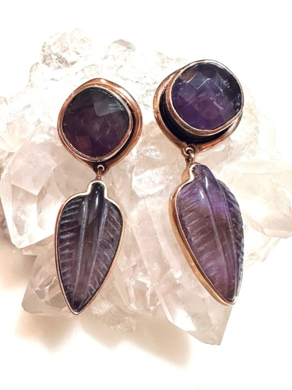 Amy Kahn Russell Purple Amethyst Bronze Vintage Dangle Post Earrings